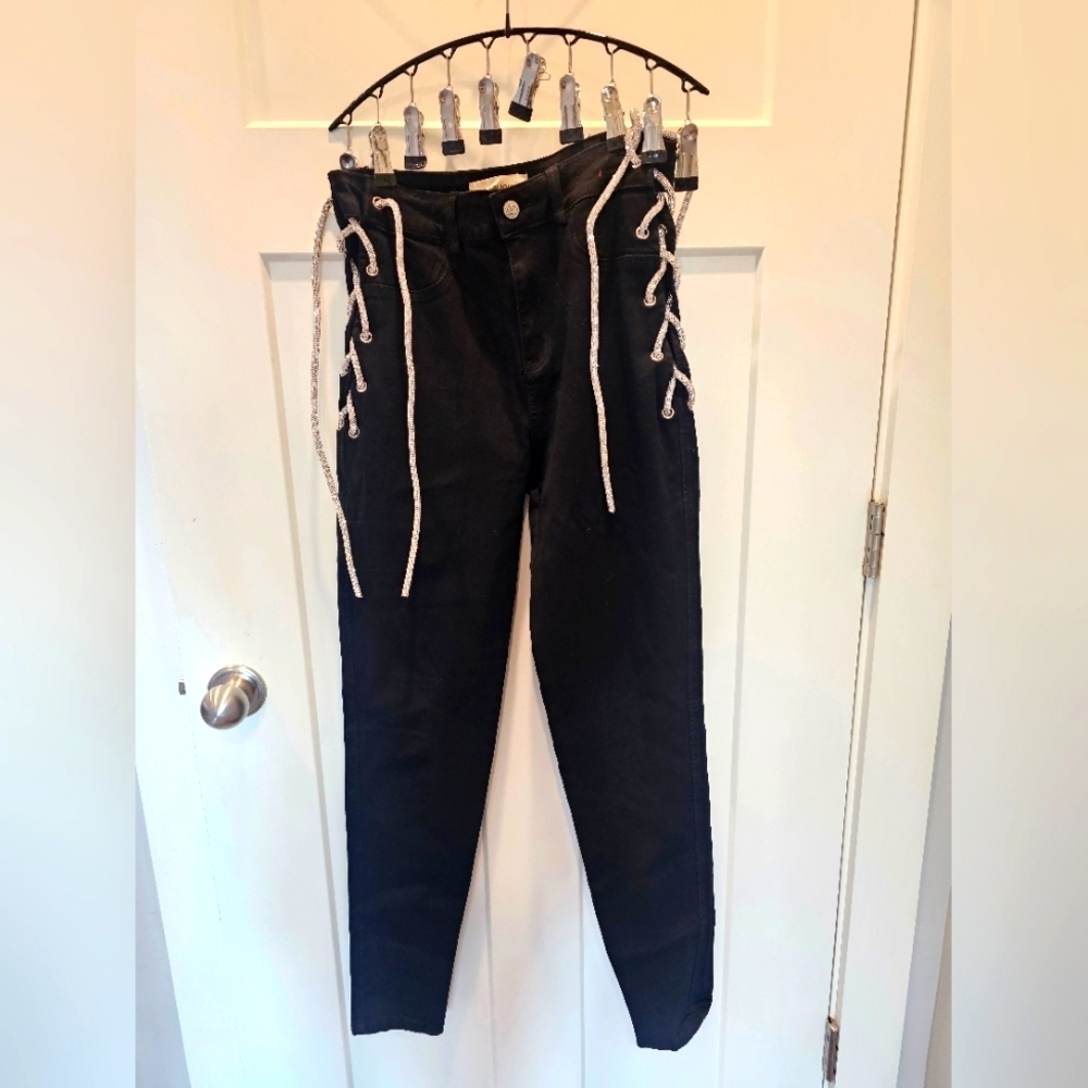 Labijou Black Skinny Pants Rhinestone Lace-Up Sides Women’s Medium - Picture 1 of 9